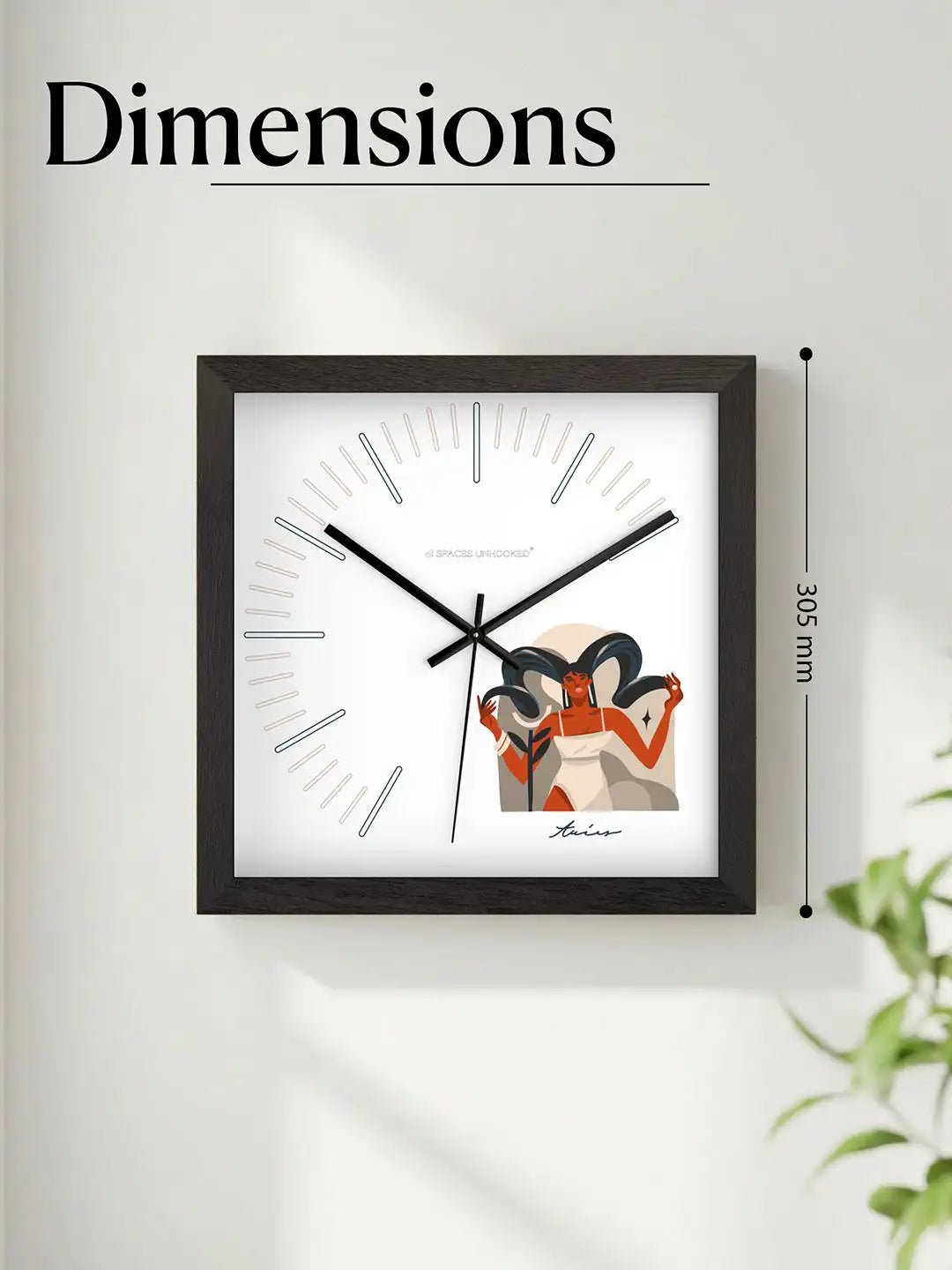 Dimensions chart showing the Taurus zodiac wall clock with a square 305 mm frame, illustrated against a minimalist interior background.