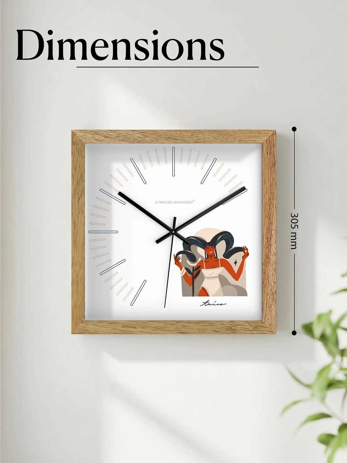 Aries Zodiac Wood Frame Wall Clock – Top Down View Natural Oak Frame Black Shadow Box Detail | Spaces Unhooked