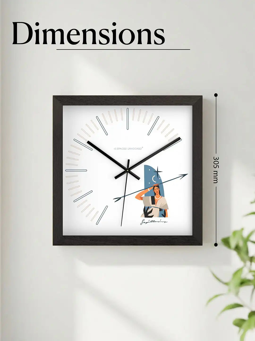 Specifications infographic for the Sagittarius zodiac wall clock highlighting a sturdy hardwood core, polished metal hands, noiseless quartz mechanism, and contemporary dial design.