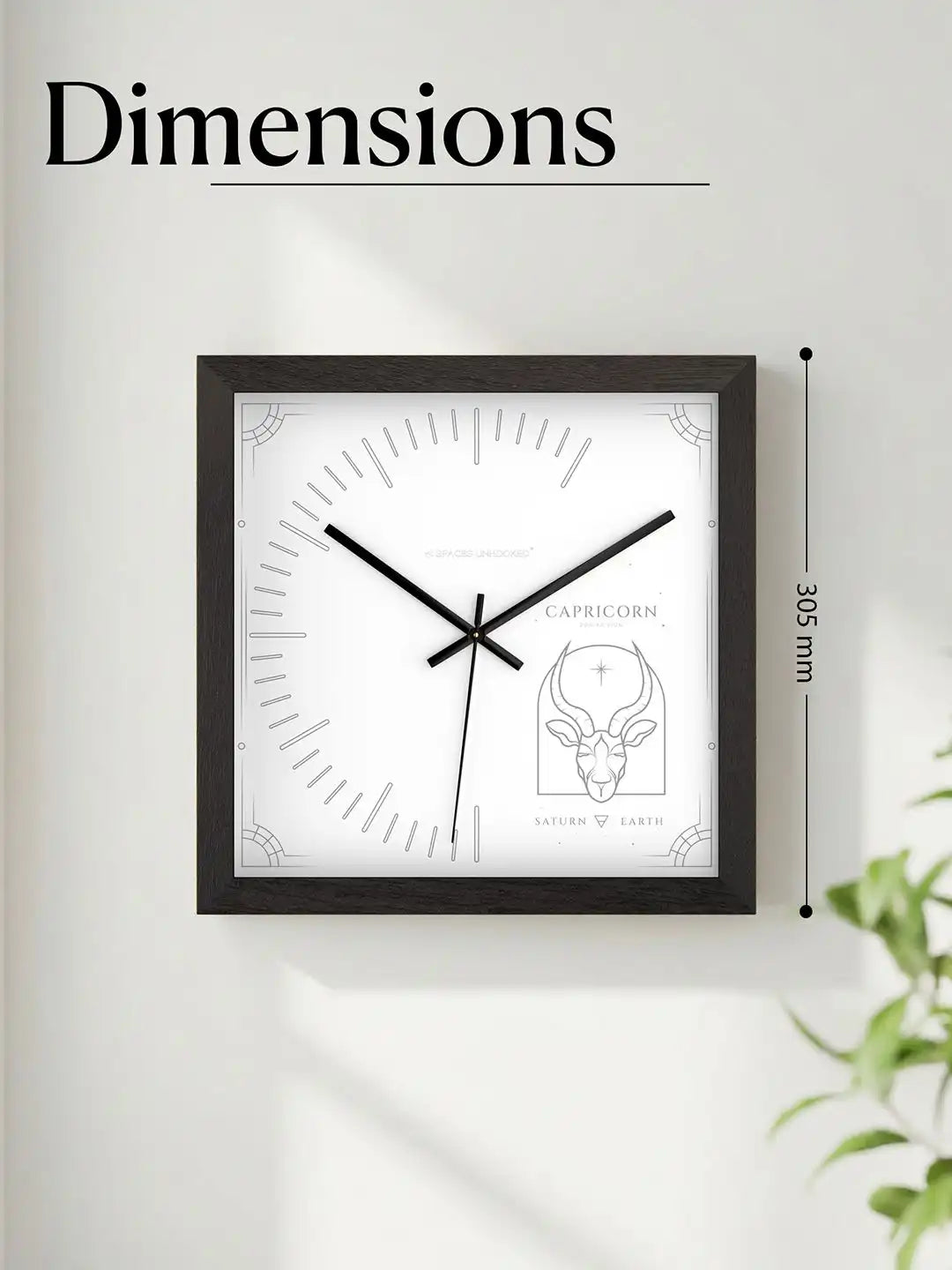 305mm Square Dark Wood Wall Clock Dimensions - Extra Large Wooden Wall Clock with Silver Capricorn Zodiac Card Dial