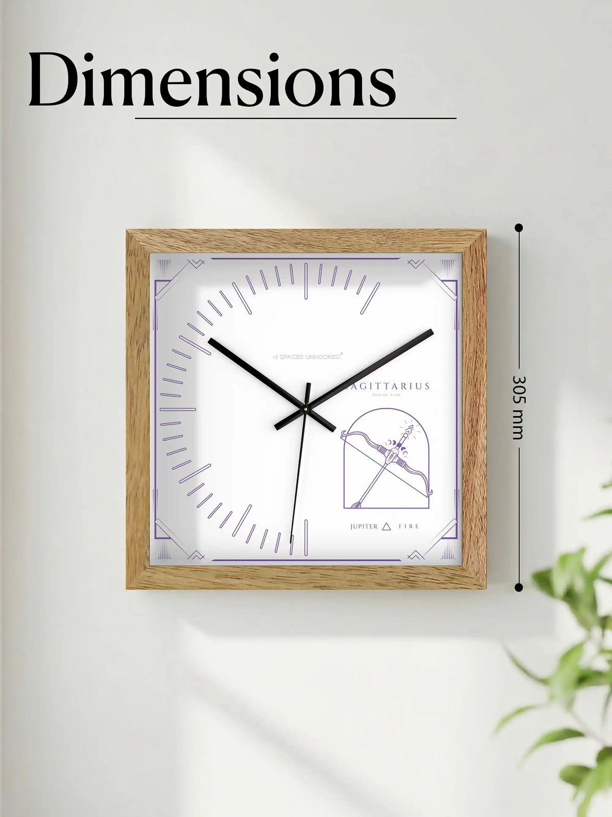 Sagittarius Zodiac Wood Frame Wall Clock – Top Down View Natural Oak Frame Black Shadow Box Detail | Spaces Unhooked