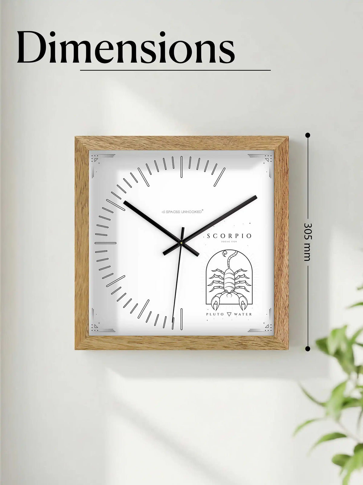 Scorpio Zodiac Wood Frame Wall Clock – Top Down View Natural Oak Frame Black Shadow Box Detail | Spaces Unhooked