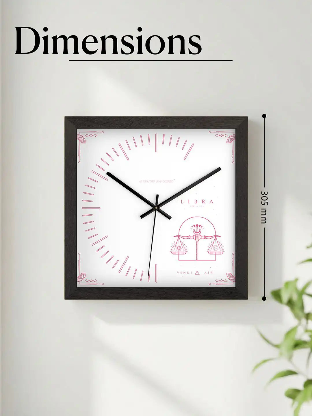 305mm Square Dark Wood Wall Clock Dimensions - Extra Large Wooden Wall Clock with Pink Libra Zodiac Card Dial