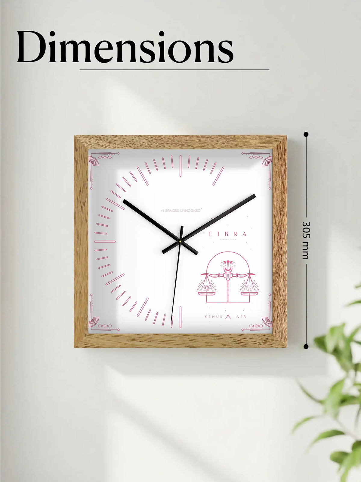 Libra Zodiac Oversized Wooden Wall Clock – 305mm Square Natural Wood Frame Dimensions | Spaces Unhooked