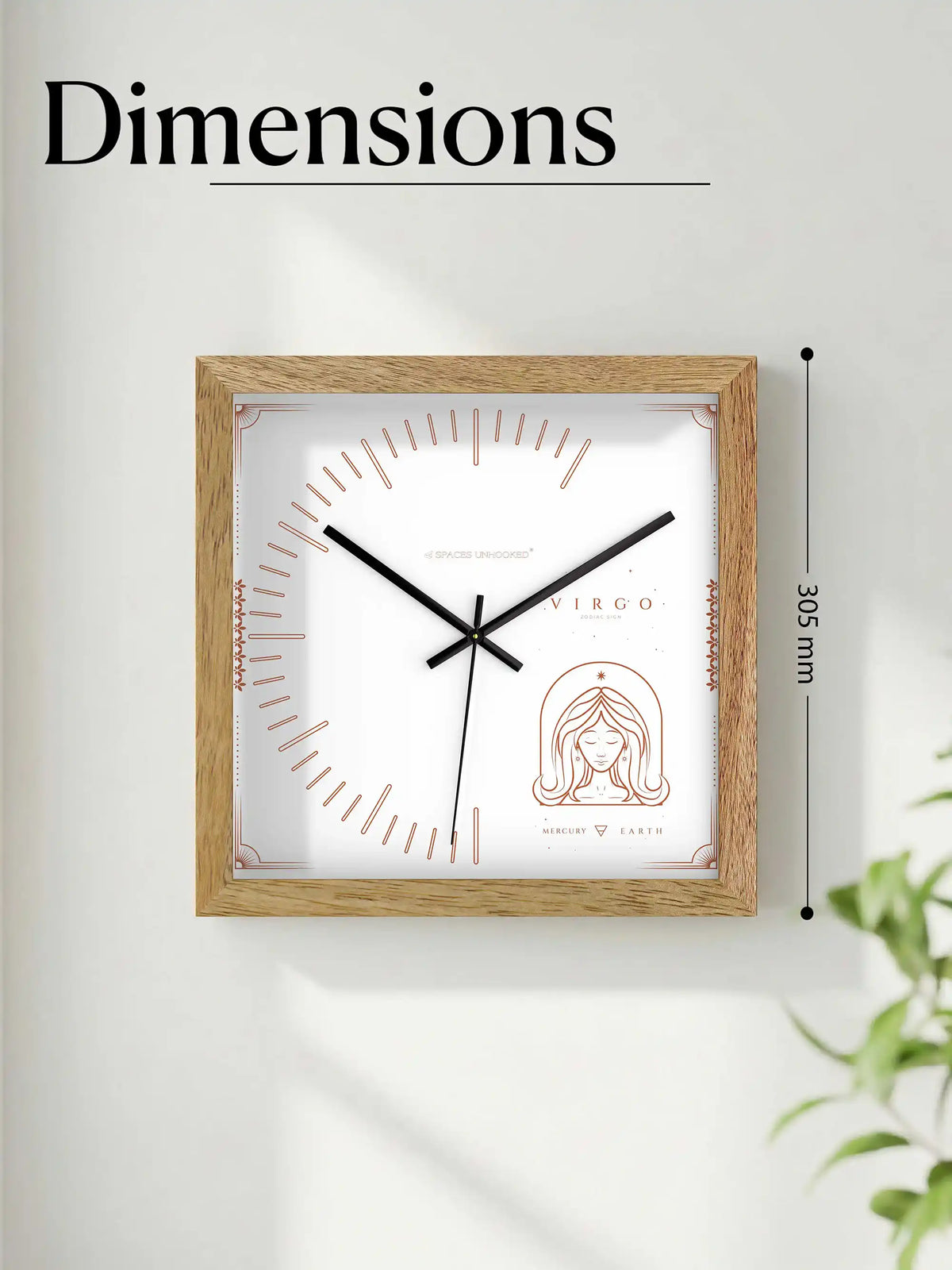 Virgo Zodiac Wood Frame Wall Clock – Top Down View Natural Oak Frame Black Shadow Box Detail | Spaces Unhooked