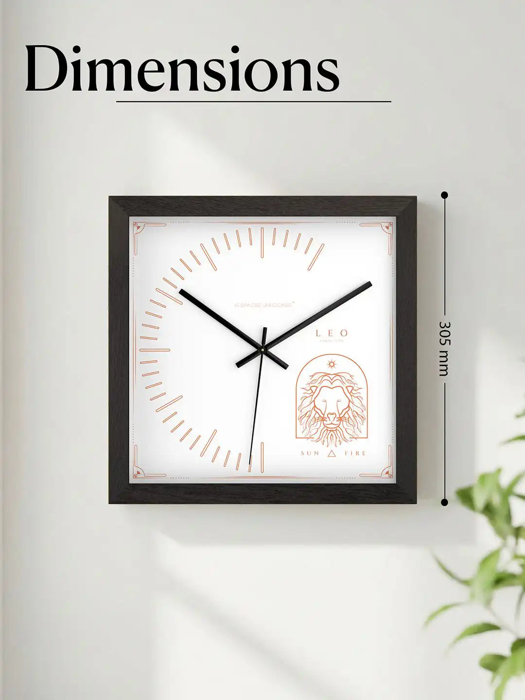 Leo wooden wall clock dimensions 305 mm, square dark wood wall clock size reference for living room, office and bedroom décor