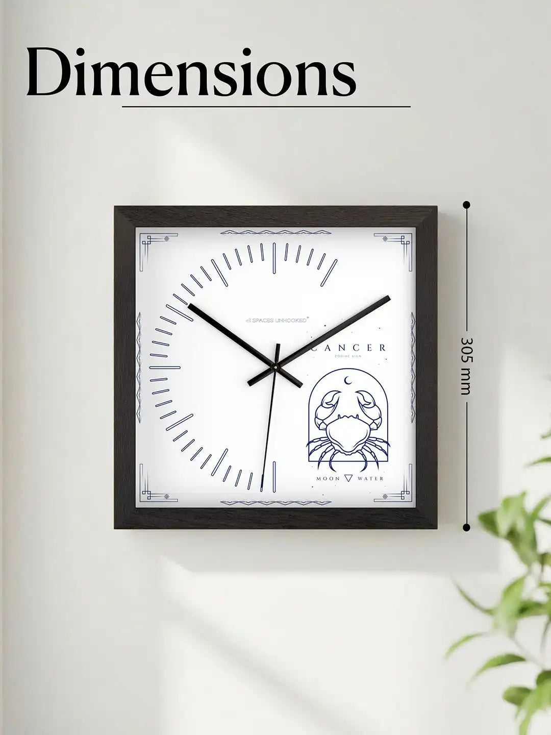 305mm Square Dark Wood Wall Clock Dimensions - Extra Large Wooden Wall Clock with Navy Blue Cancer Moon Water Zodiac Dial