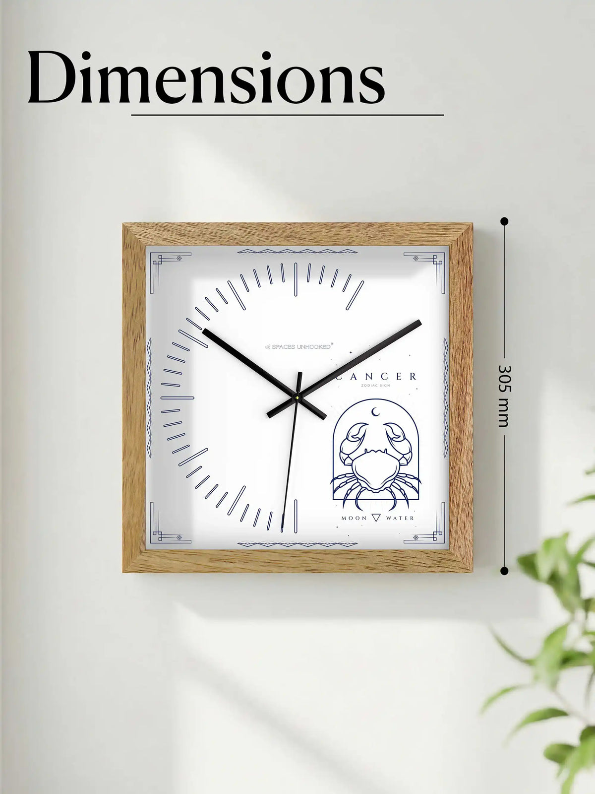 Cancer Zodiac Wall Clock Specifications – Hardwood Core Noiseless Quartz Metal Hands | Spaces Unhooked
