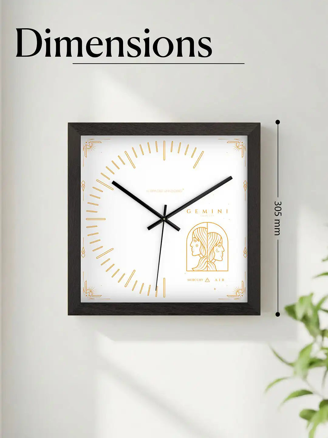 Spaces Unhooked Gemini Zodiac Wooden Wall Clock Specifications - Hardwood Core Noiseless Quartz Mechanism Polished Metal Pointers