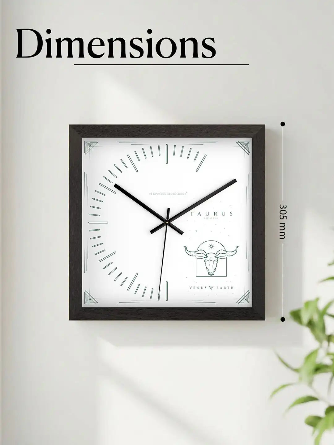 Taurus wooden wall clock specifications featuring hardwood frame, polished metal hands, noiseless quartz movement and contemporary dial design