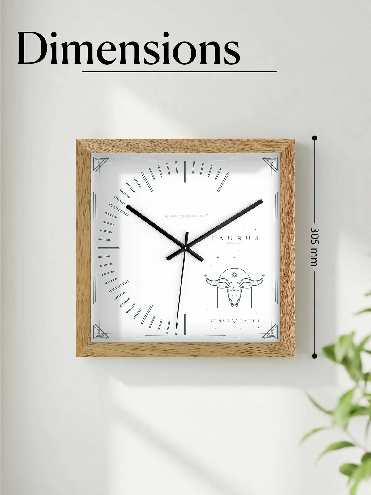 Taurus Zodiac Wood Frame Wall Clock – Top Down View Natural Oak Frame Black Shadow Box Detail | Spaces Unhooked