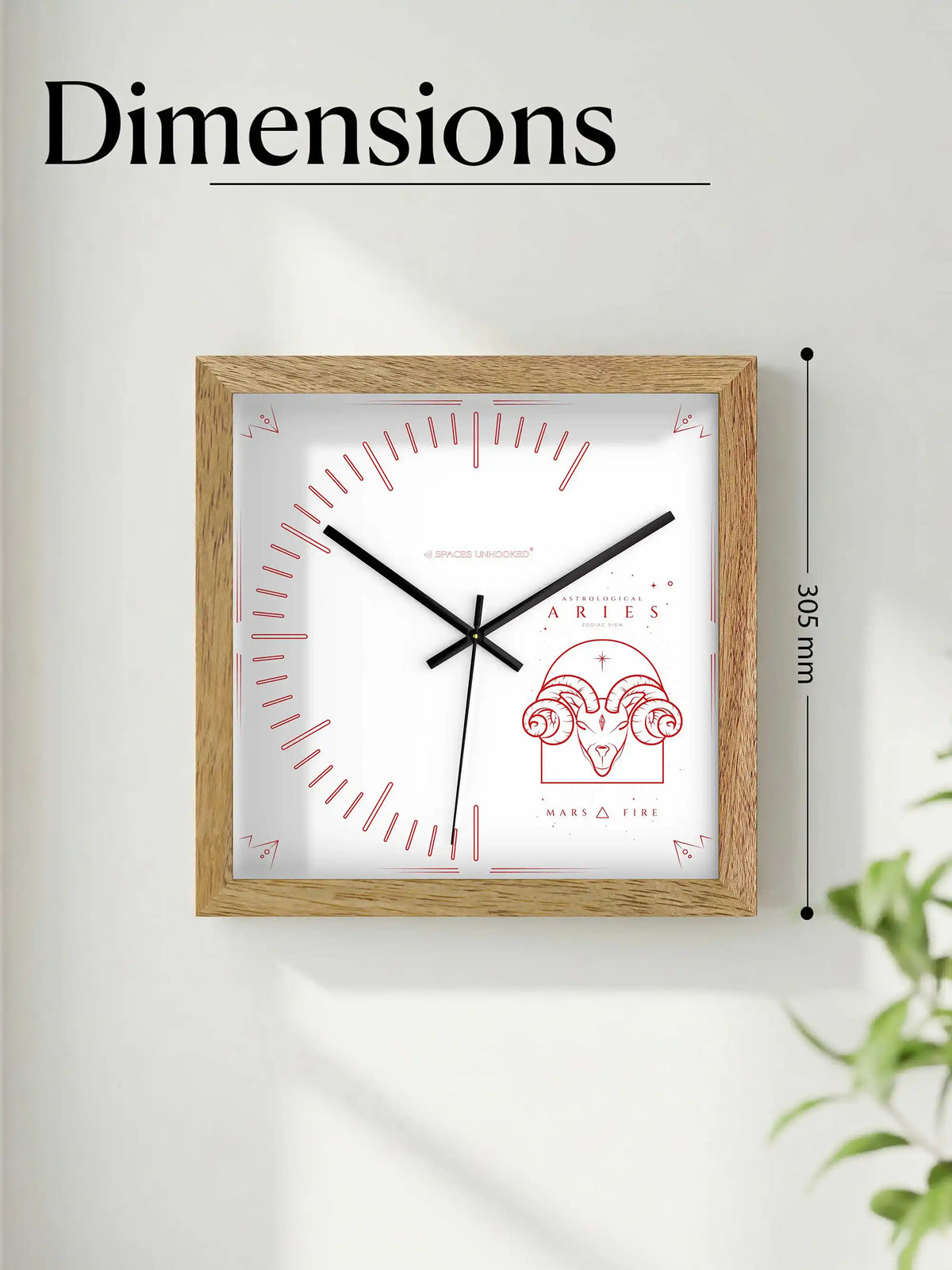 Aries Zodiac Wall Clock Dimensions 305 mm Square Wooden Frame Design