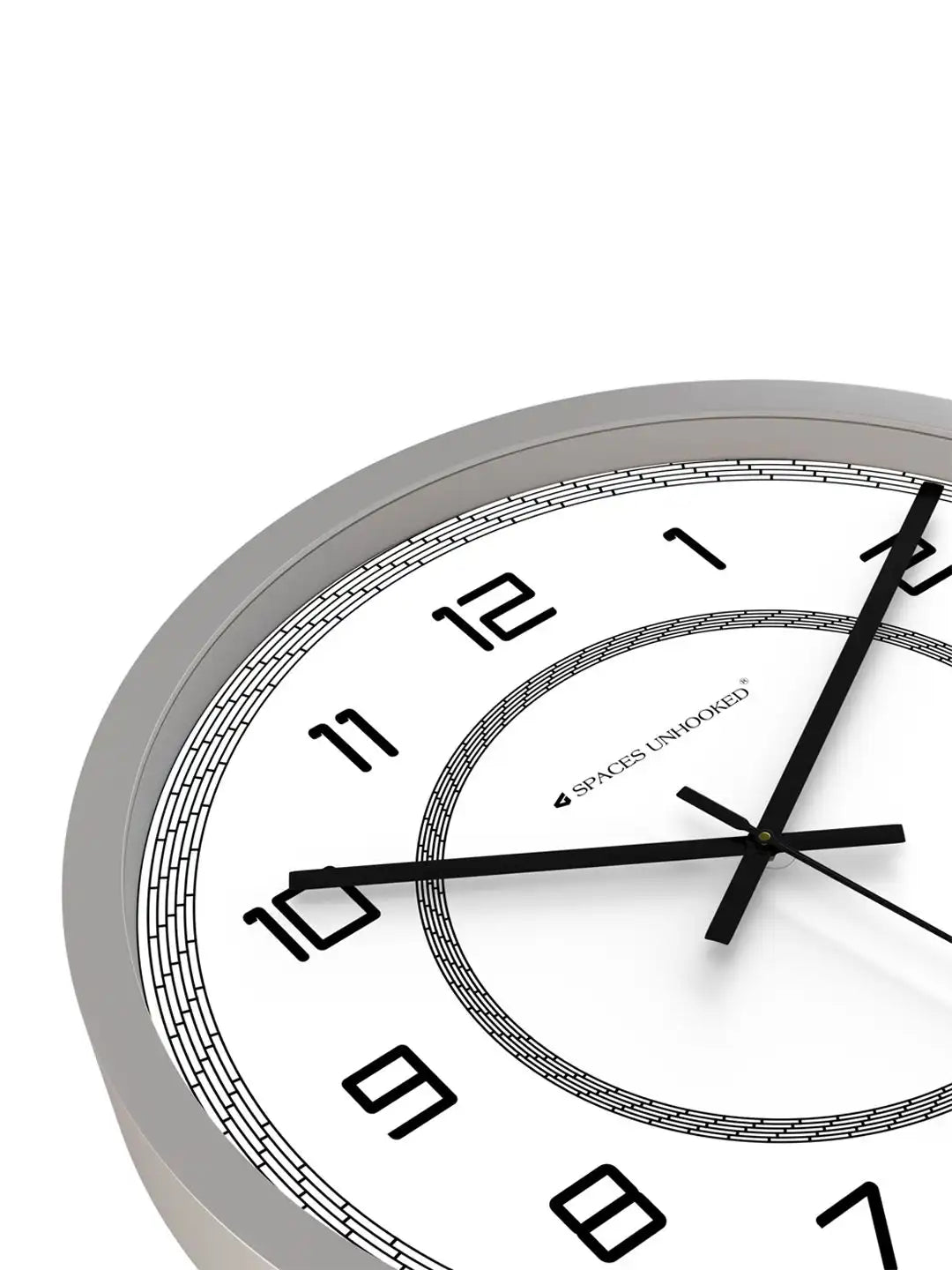 Down View of Silent Plastic Wall Clock – Grey Frame White Circle Texture Pattern Dial Close Up