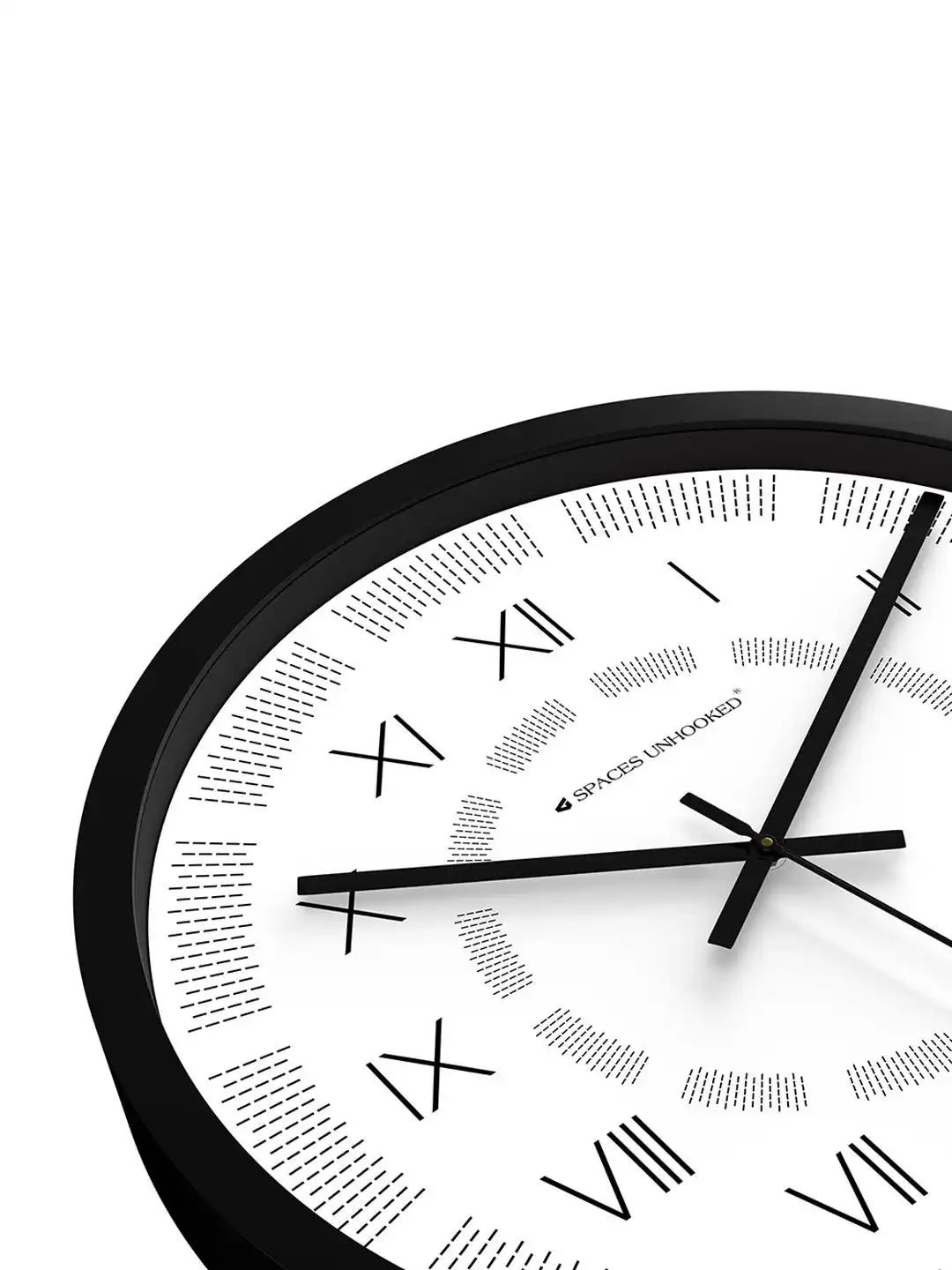 Down View of Silent Plastic Wall Clock – Black Frame White Roman Numeral Dash Texture Pattern Dial Close Up