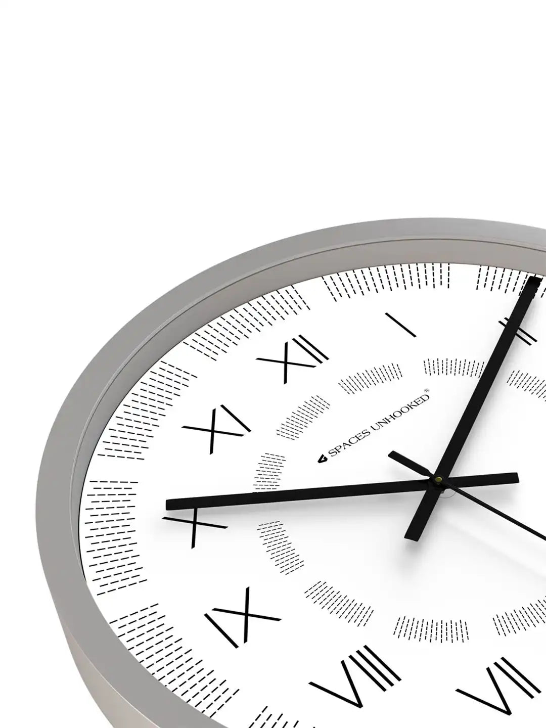 Down View of Silent Plastic Wall Clock – Grey Frame White Roman Numeral Dash Texture Pattern Dial Close Up