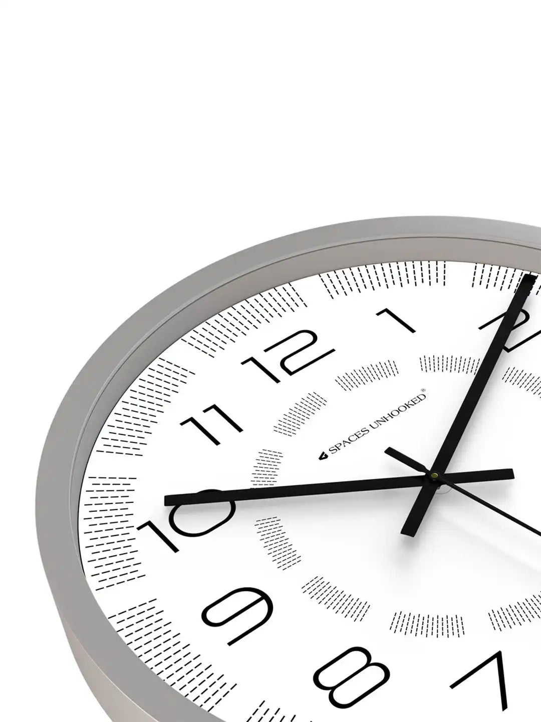 Down View of Silent Plastic Wall Clock – Grey Frame White Dash Texture Pattern Dial Close Up