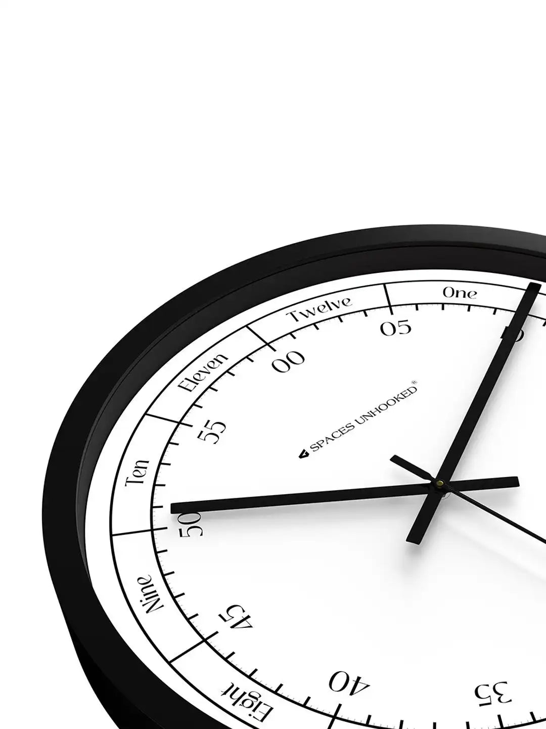 Down View of Silent Plastic Wall Clock – Black Frame White Word Hour Minute Dial
