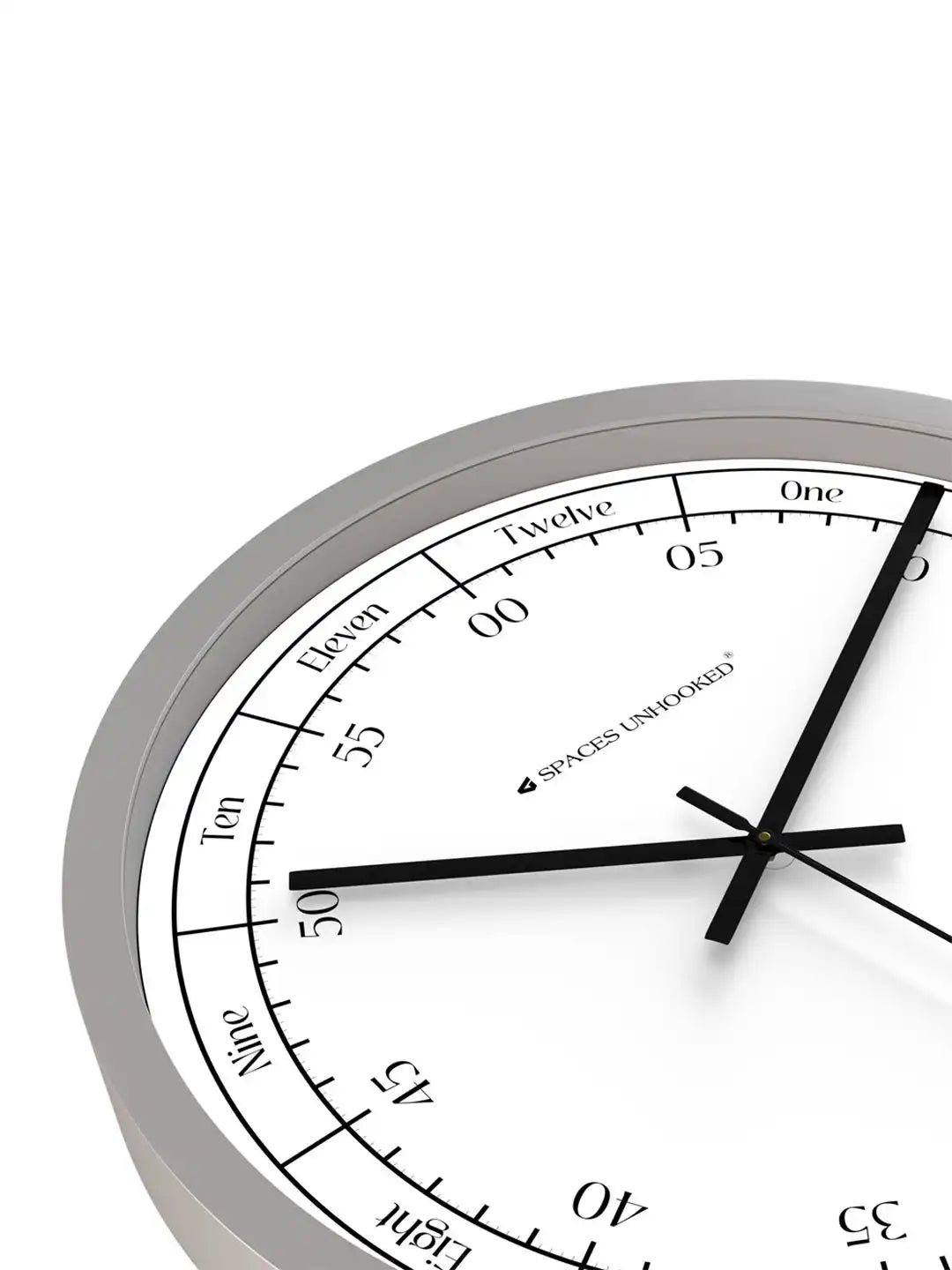 Down View of Silent Plastic Wall Clock – Grey Frame White Word Hour Minute Dial