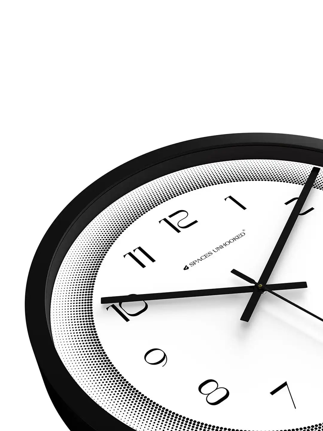 Down View of Silent Plastic Wall Clock – Black Frame White Halftone Border Pattern Dial