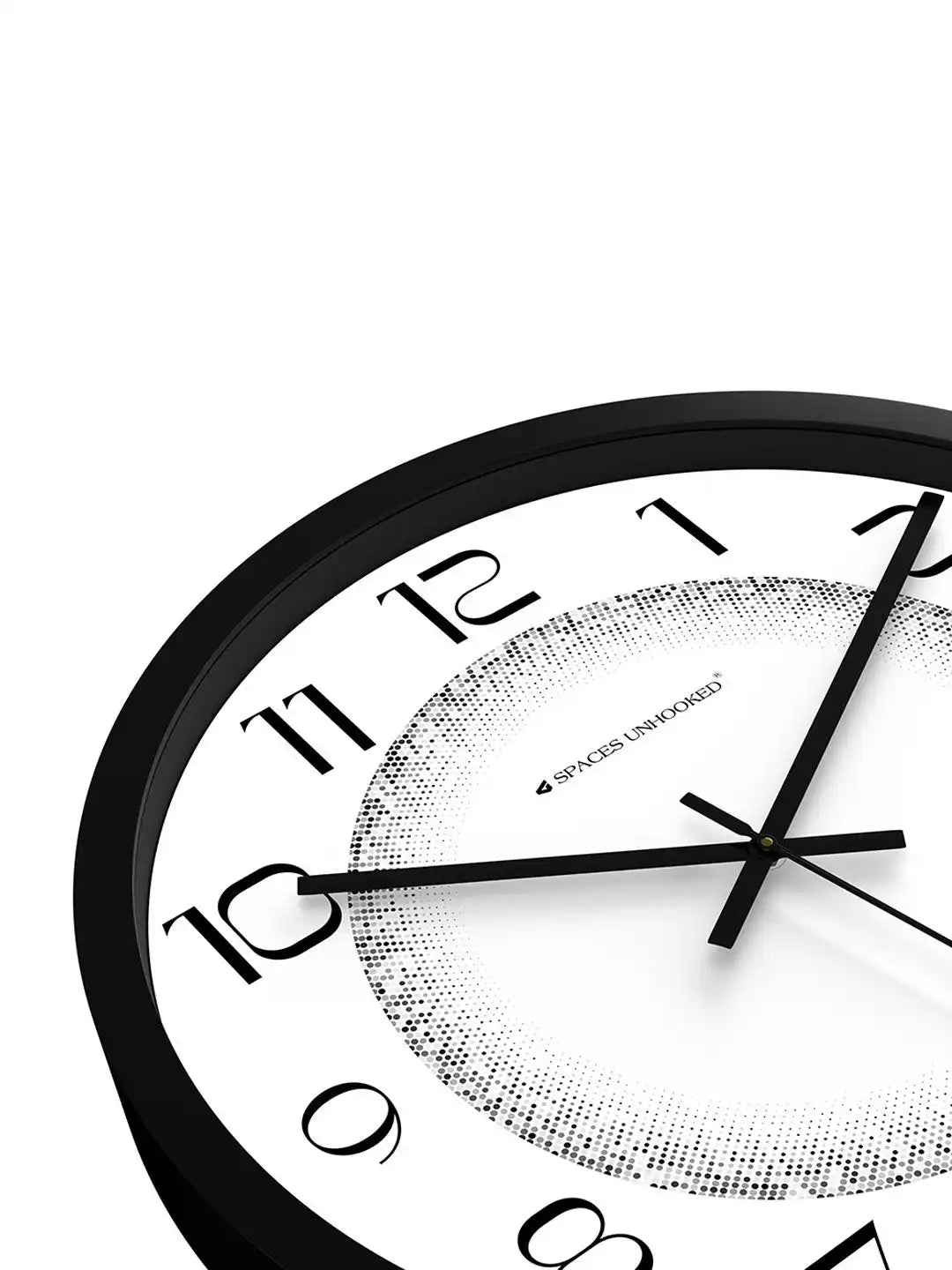 Down View of Silent Plastic Wall Clock – Black Frame White Halftone Pattern Dial