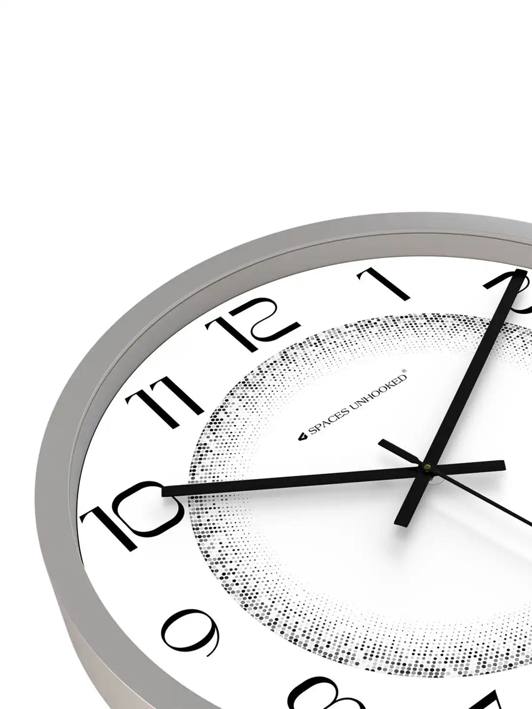 Down View of Silent Plastic Wall Clock – Black Frame White Halftone Pattern Dial