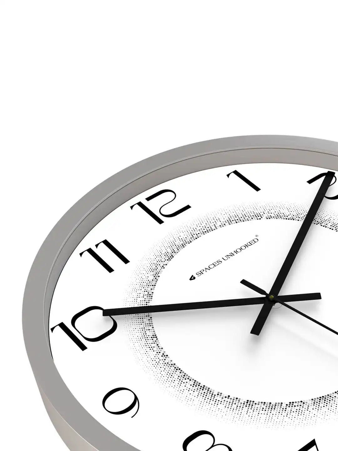 Down View of Silent Plastic Wall Clock – Silver Grey Frame Halftone Pattern Dial