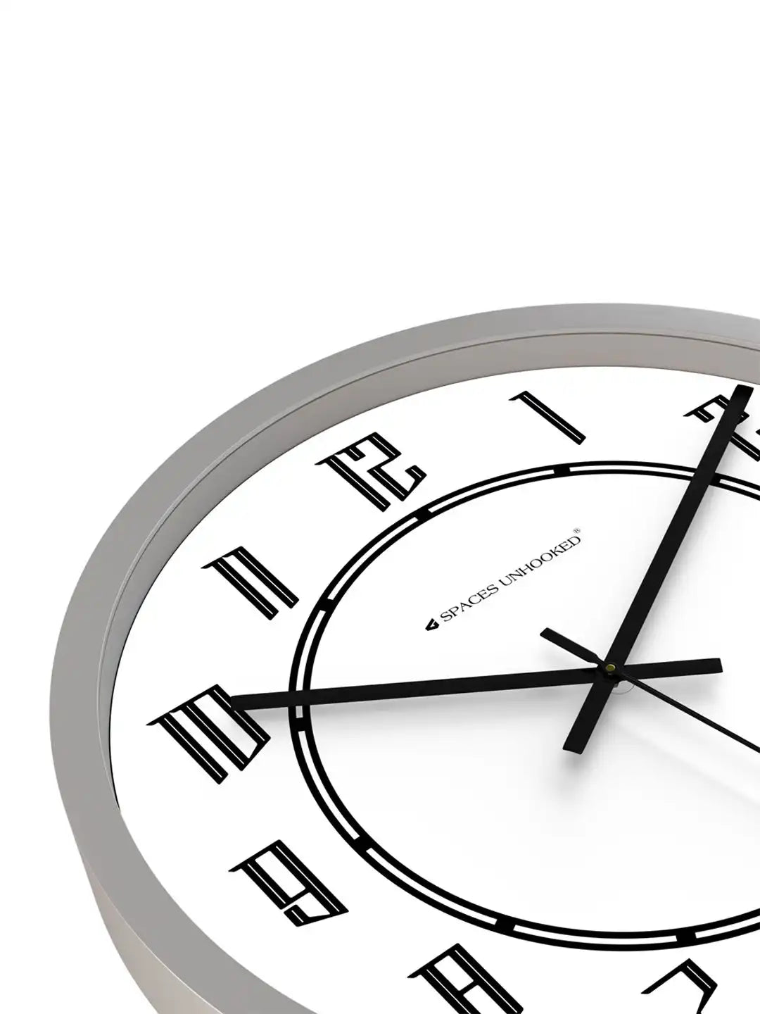 Down View of Silent Plastic Wall Clock – Silver Grey Frame White Dial Bold Numeral