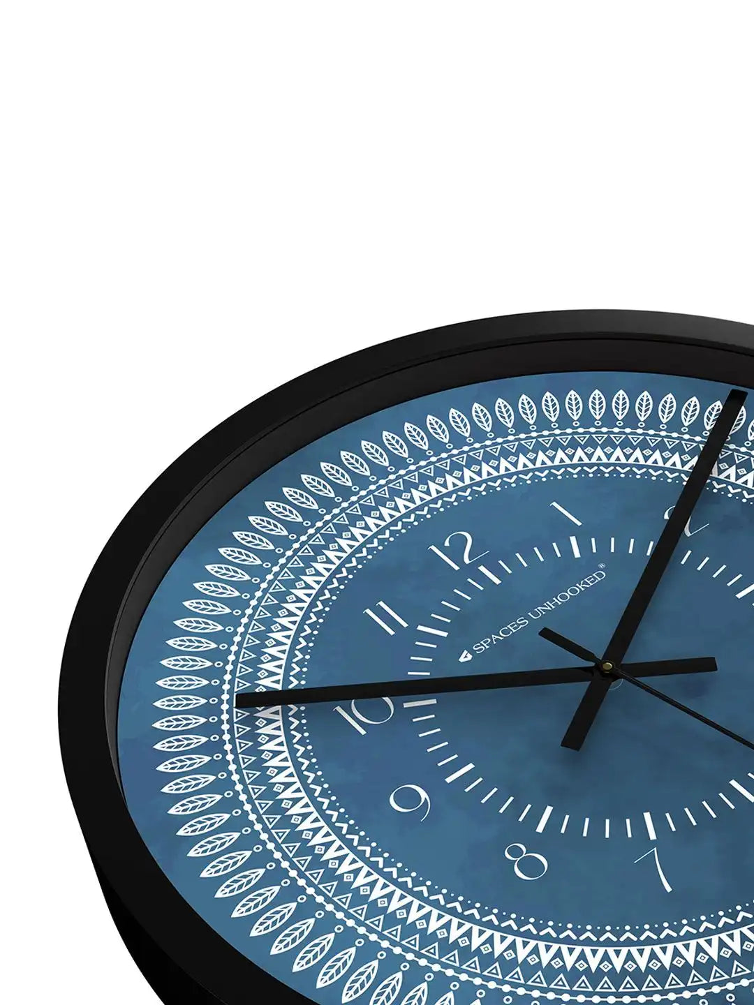 Down Front – Close-up angle view of wall clock dial showing mandala pattern detailing