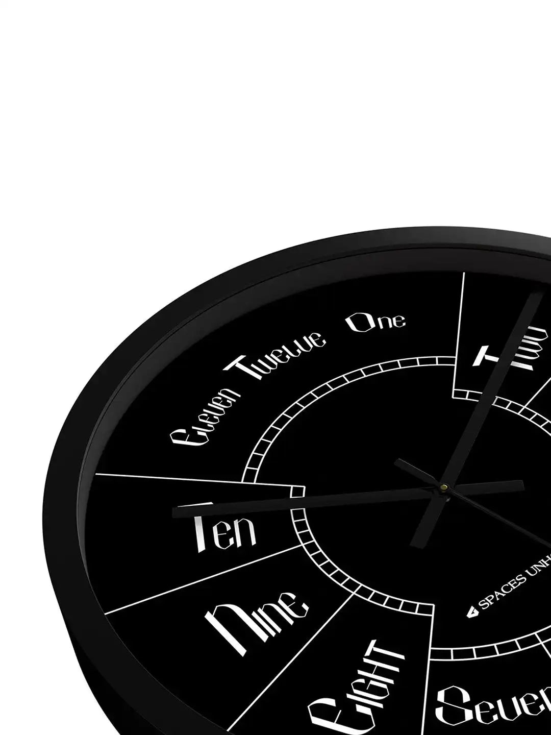 Down Front – Close-up angle view of wall clock dial showing spelled-out numerals