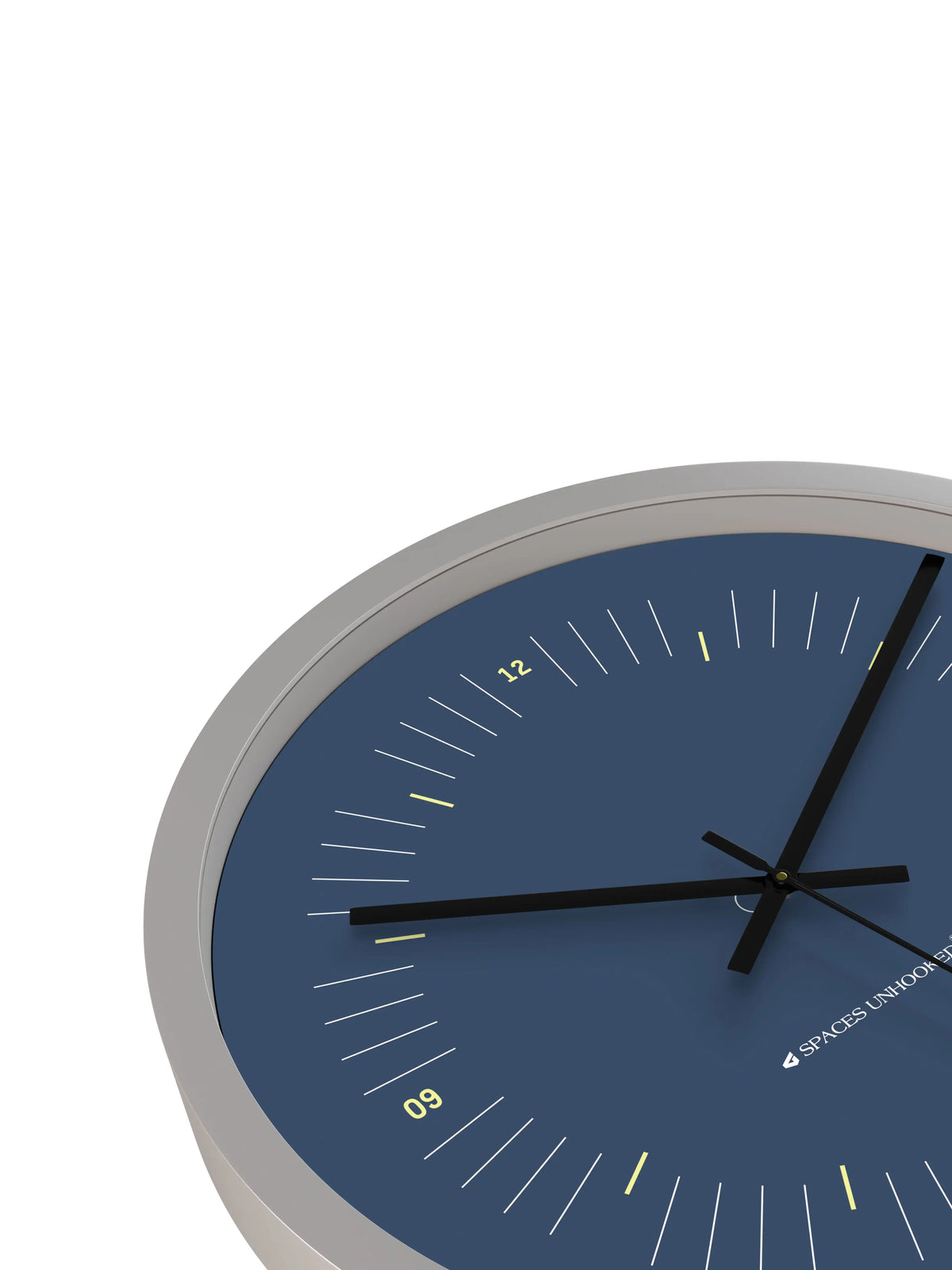 Down Front – Close-up bottom angle view of silent wall clock dial detailing