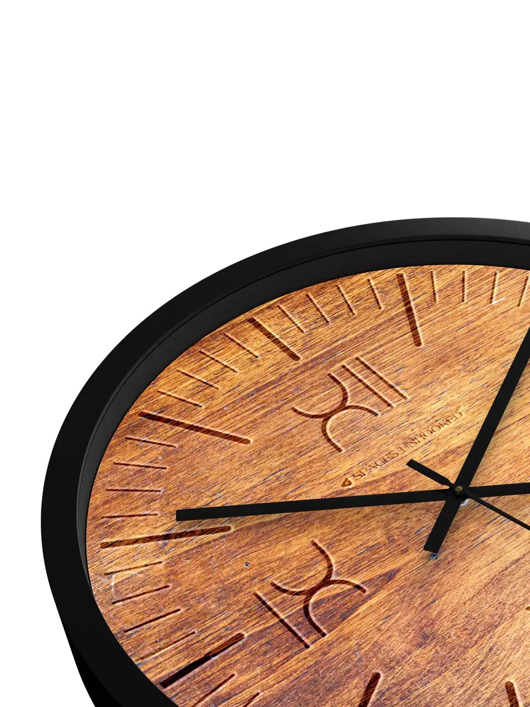 Down Front – Close-up angle view of wooden wall clock dial engraving detail