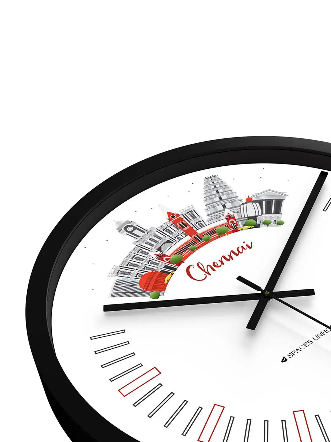 Down Front – Close-up angle view of wall clock dial showing Chennai cityscape print