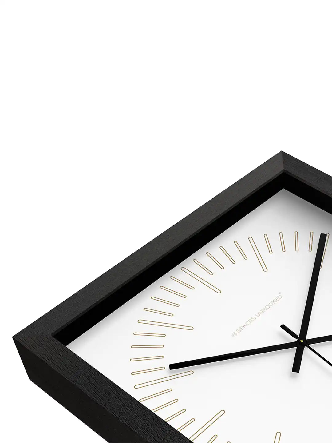 Close-Up Corner Detail of Deep Box Dark Wood Frame Wall Clock with Gold Dial Markers - Timber Wall Clock