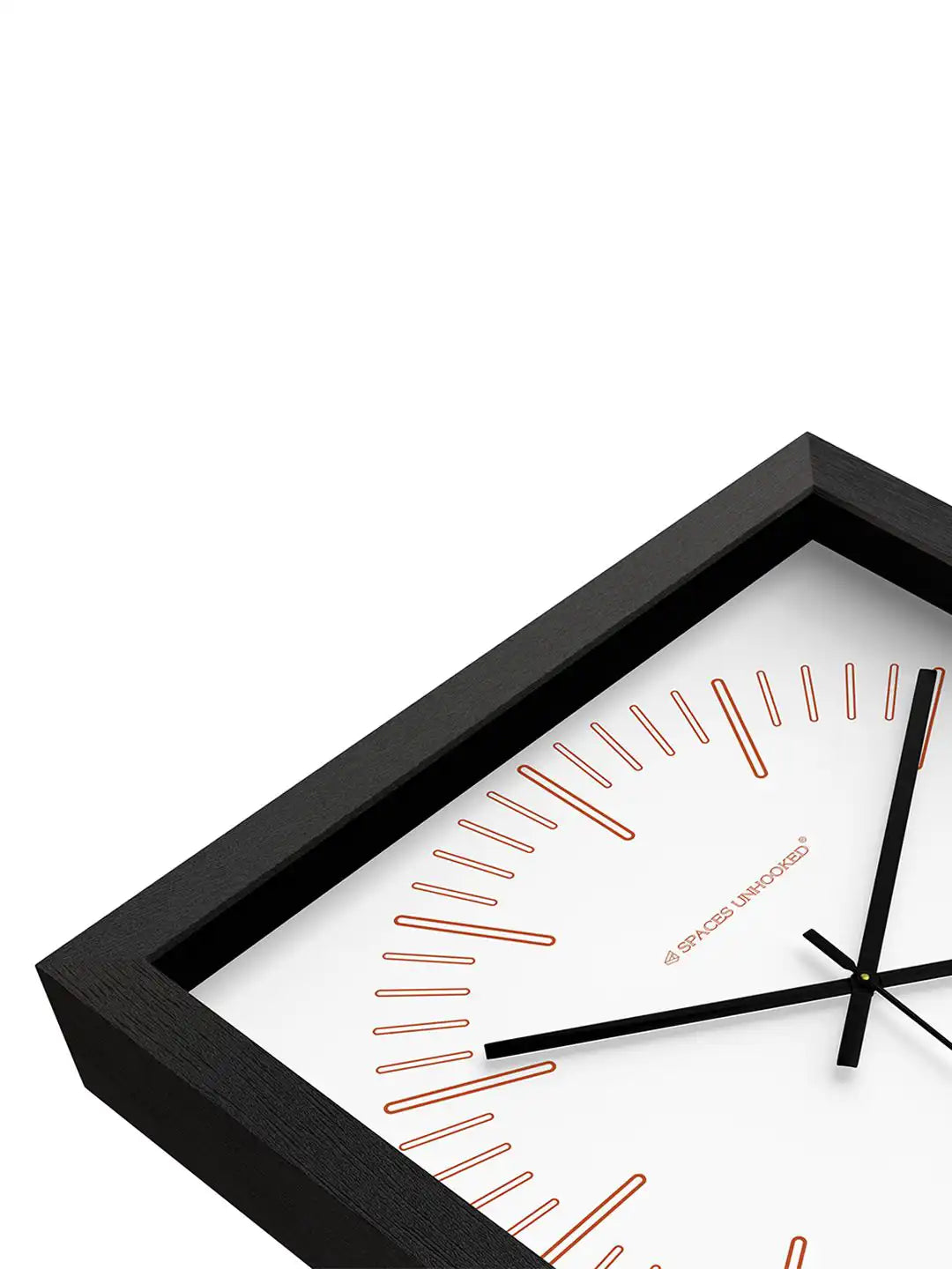 Close-Up Corner Detail of Deep Box Dark Wood Frame Wall Clock with Copper Dial Markers - Timber Wall Clock