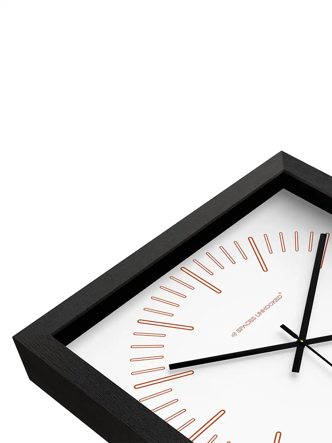Close-Up Corner Detail of Deep Box Dark Wood Frame Wall Clock with Copper Dial Markers - Timber Wall Clock