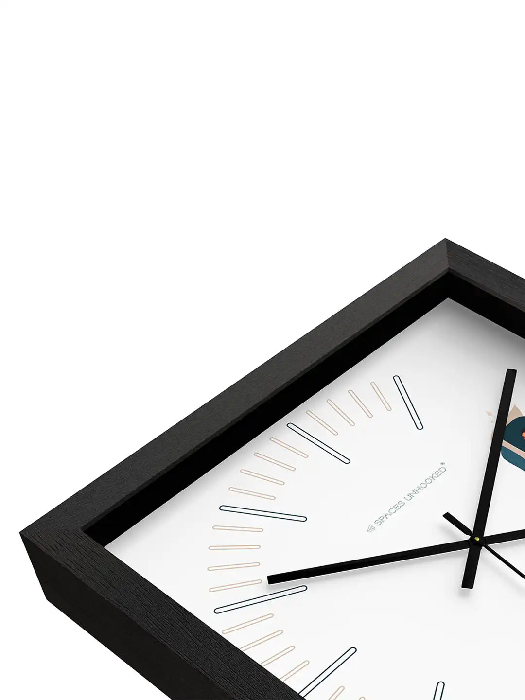 Aquarius wall clock with black wooden frame and minimalist dial, measuring 305 mm x 305 mm, shown mounted on a wall.