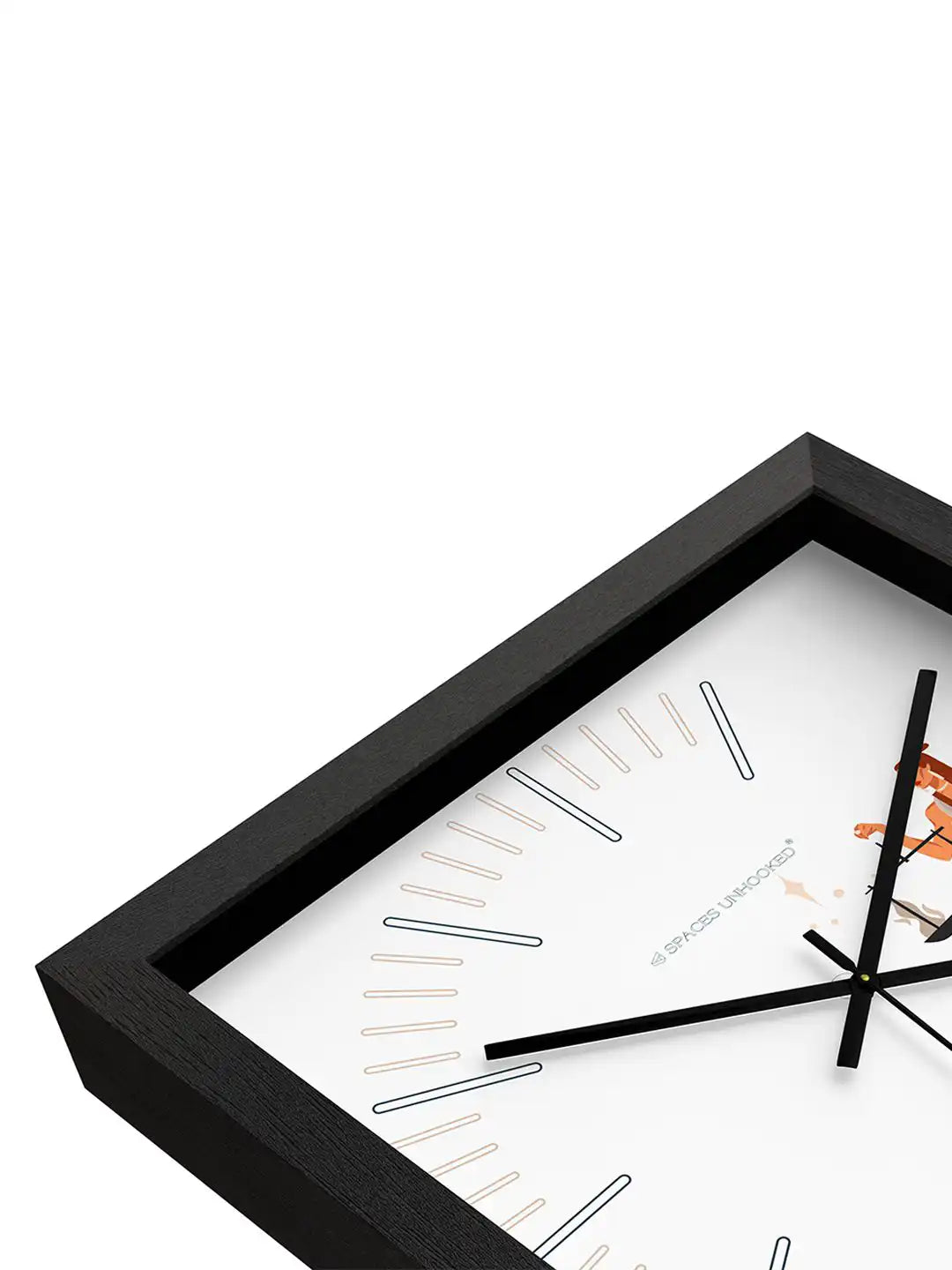 Close-Up Corner Detail of Deep Box Dark Wood Frame Wall Clock with Mixed Dial Markers - Timber Wall Clock