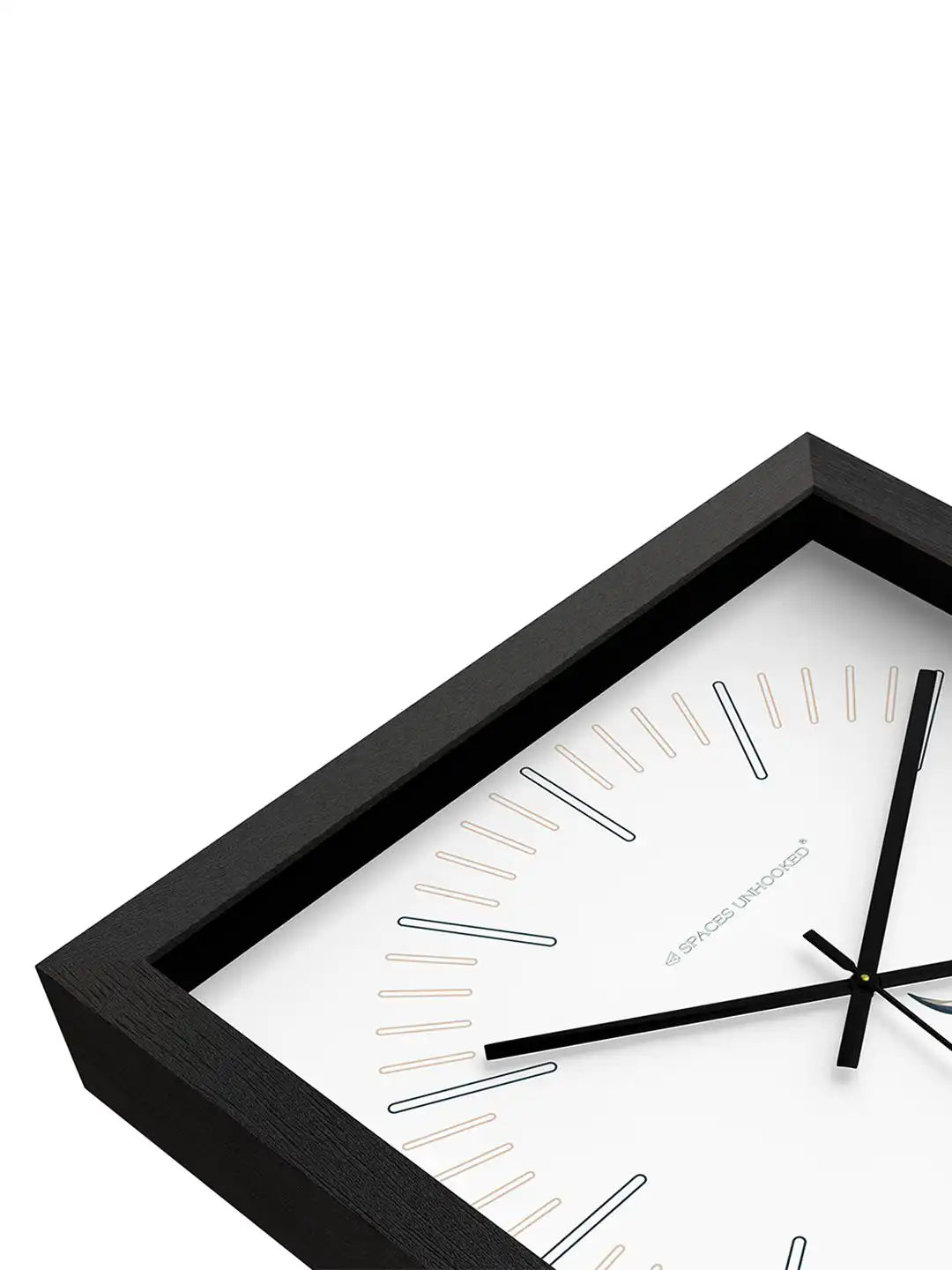 Decorative square wall clock displayed on a wooden console table with indoor plant and home décor accents.