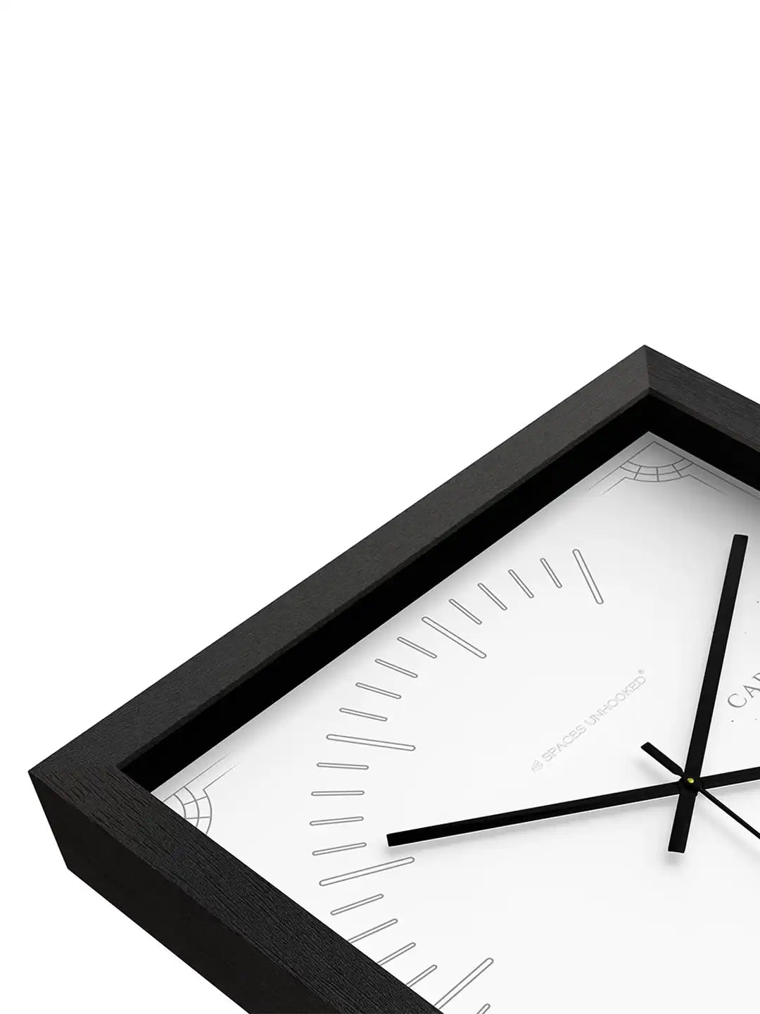 Close-Up Corner Detail of Deep Box Dark Wood Frame Wall Clock with Silver Art Deco Dial Markers - Timber Wall Clock