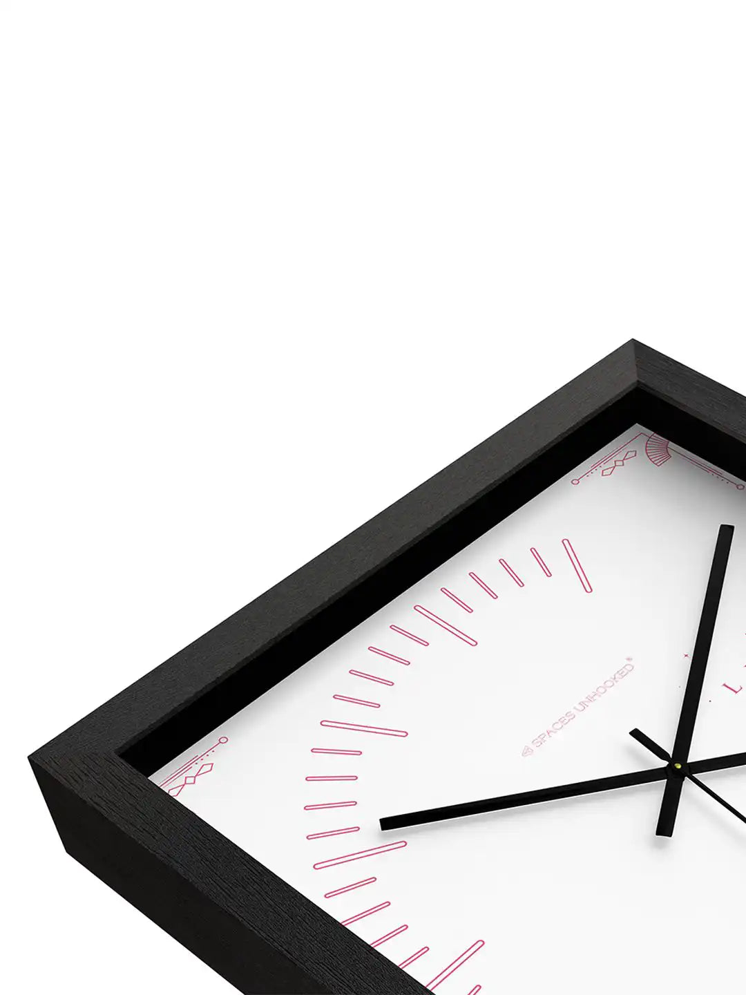 Close-Up Corner Detail of Deep Box Dark Wood Frame Wall Clock with Pink Art Deco Border Dial - Timber Wall Clock