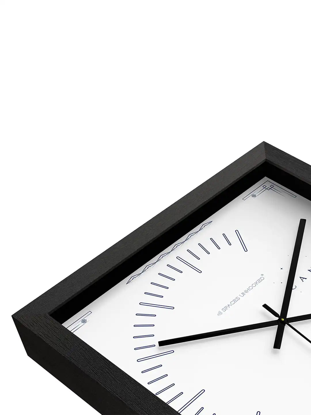 Close-Up Corner Detail of Deep Box Dark Wood Frame Wall Clock with Navy Blue Art Deco Border Dial - Timber Wall Clock