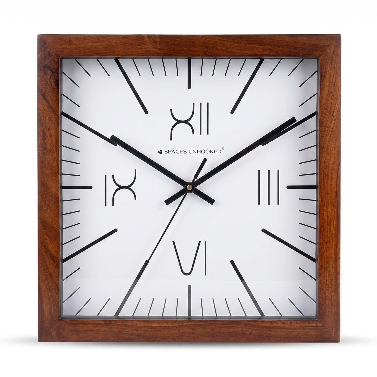 Square wooden wall clock with Roman numerals above a sideboard in a modern classic room
