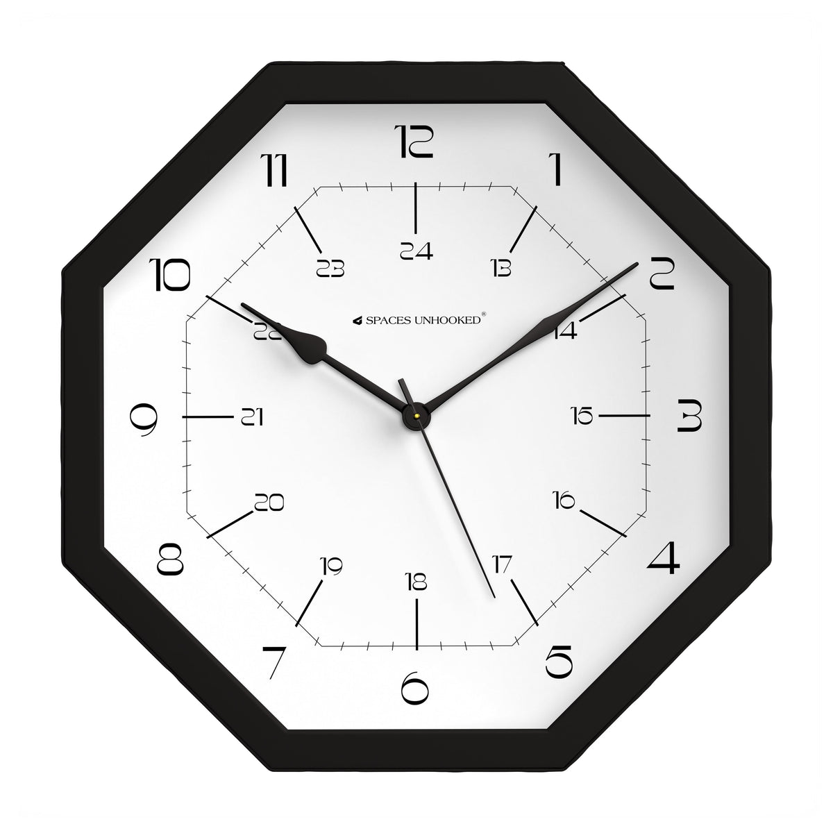 Black and white octagonal wall clock on a plain wall above a home office desk