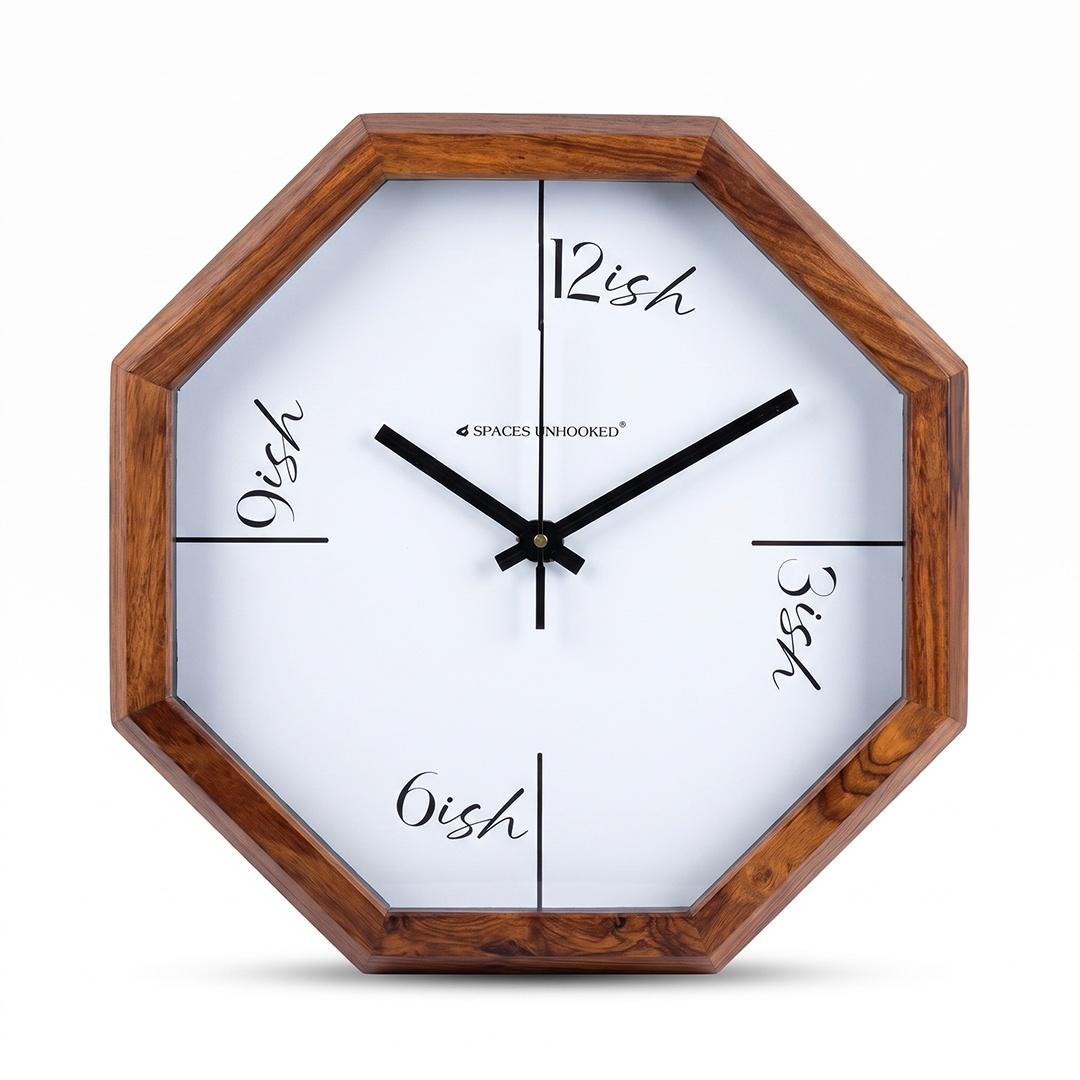 Close-up of the wooden octagonal frame of a clock with warm natural grain