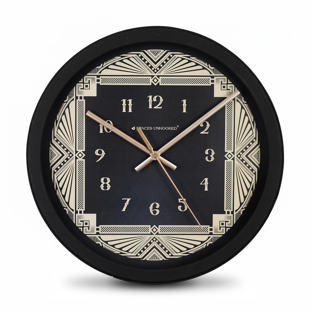 Spaces Unhooked Art Deco Round Wall Clock, Black and Cream