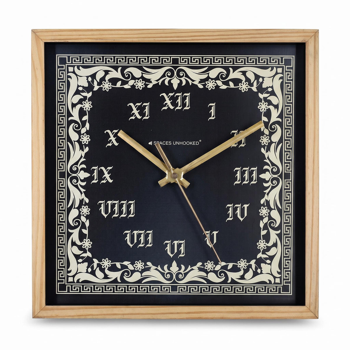 Spaces Unhooked Square Wooden Wall Clock, Black Dial, Roman Numerals