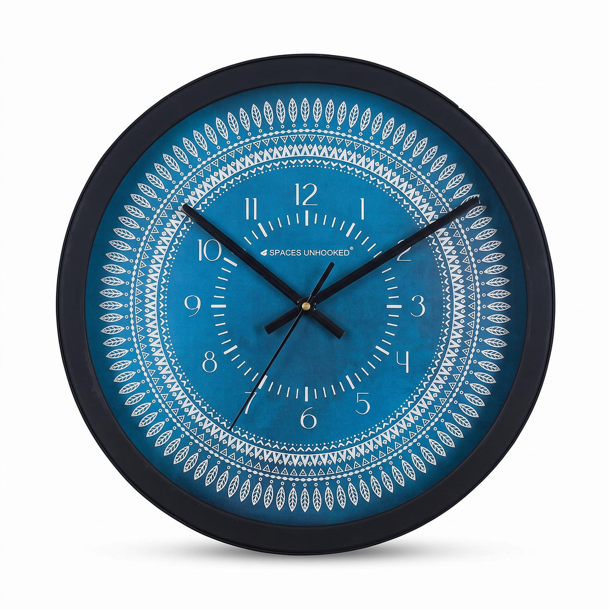 Spaces Unhooked Round Wall Clock, Teal Blue Dial, Leaf Mandala Pattern