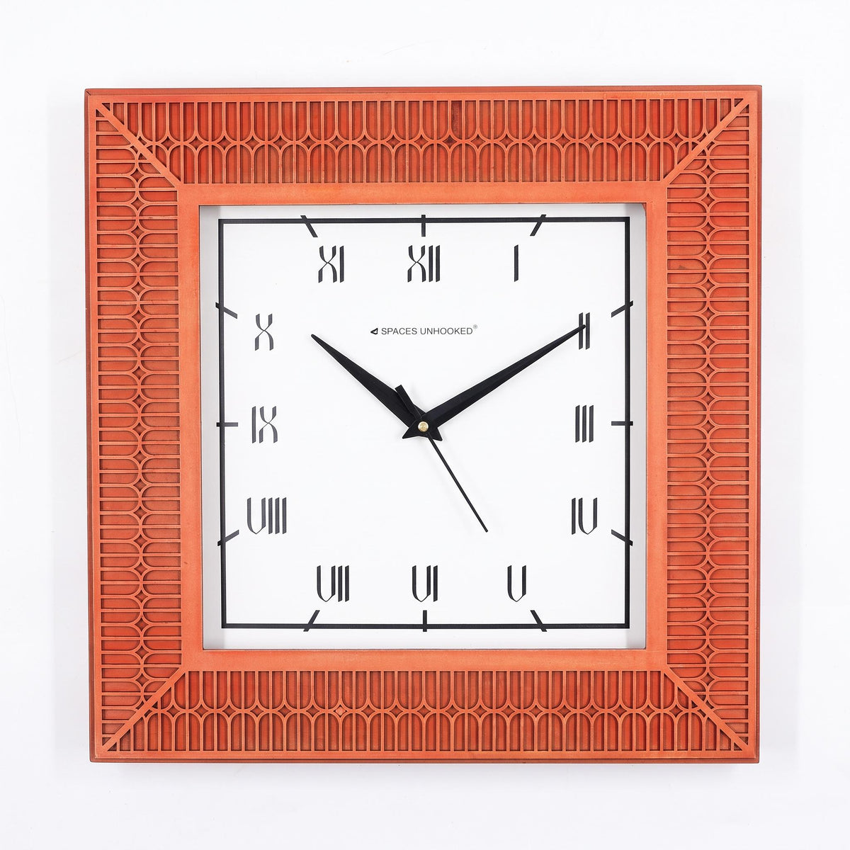 Terracotta roman wall clock on a dining room wall above a sideboard