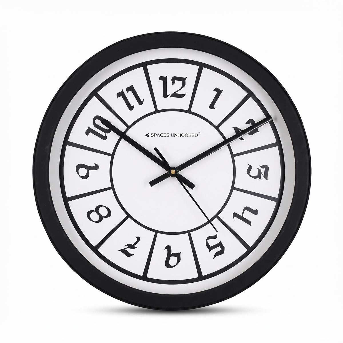 Spaces Unhooked Round Wall Clock, Boxed Numerals, Black and White Dial