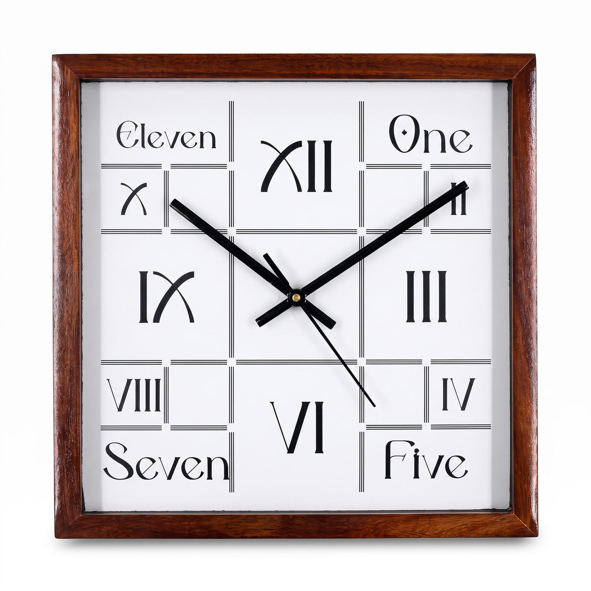 Spaces Unhooked Square Wooden Wall Clock, Roman Numerals and Words
